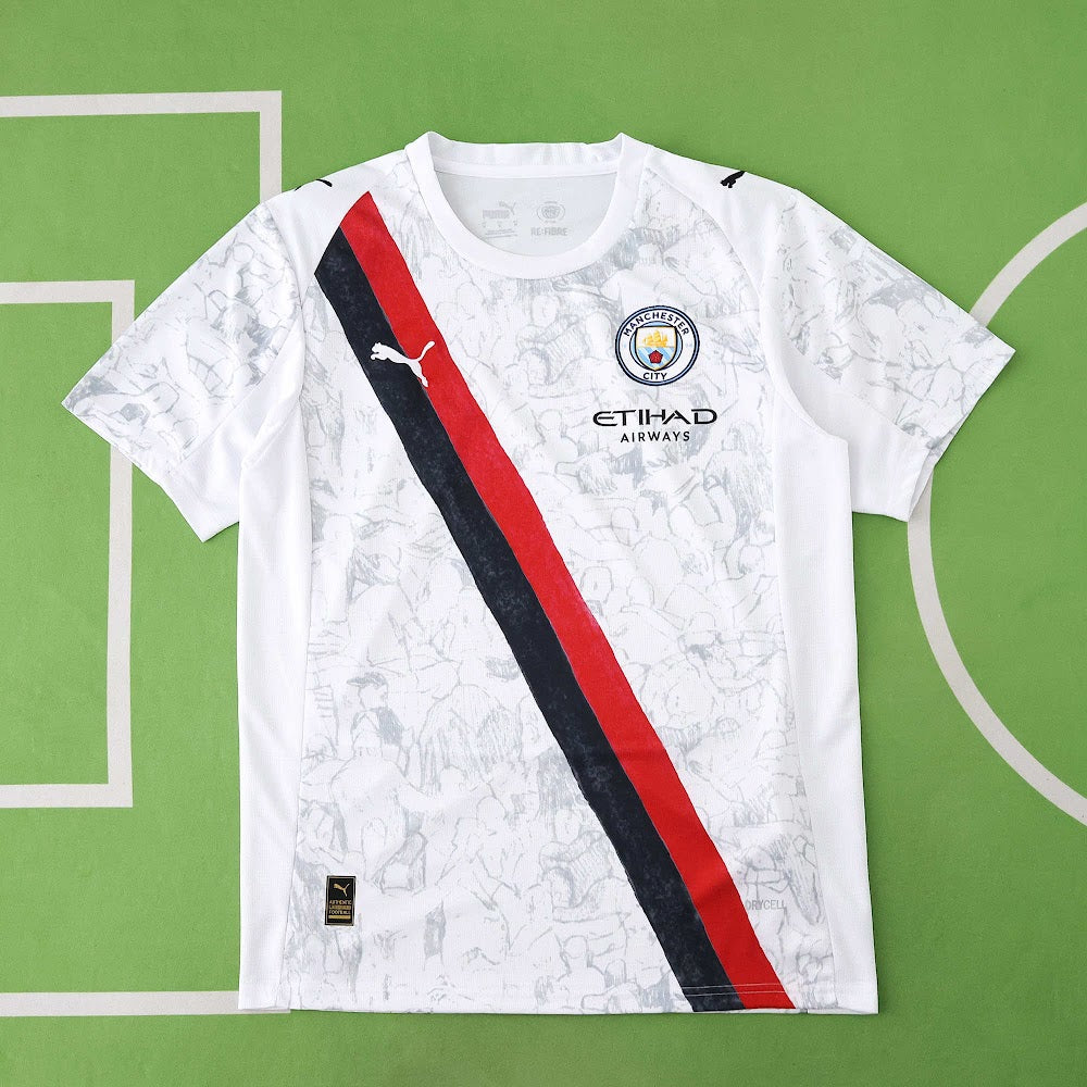 Camisa Manchester City 25/26 - Torcedor Branca e Preta Diagonal